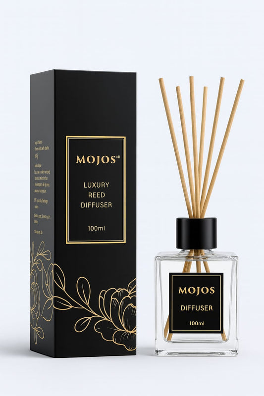 Mojos Luxury Reed Diffuser 100 ml in black and gold packaging